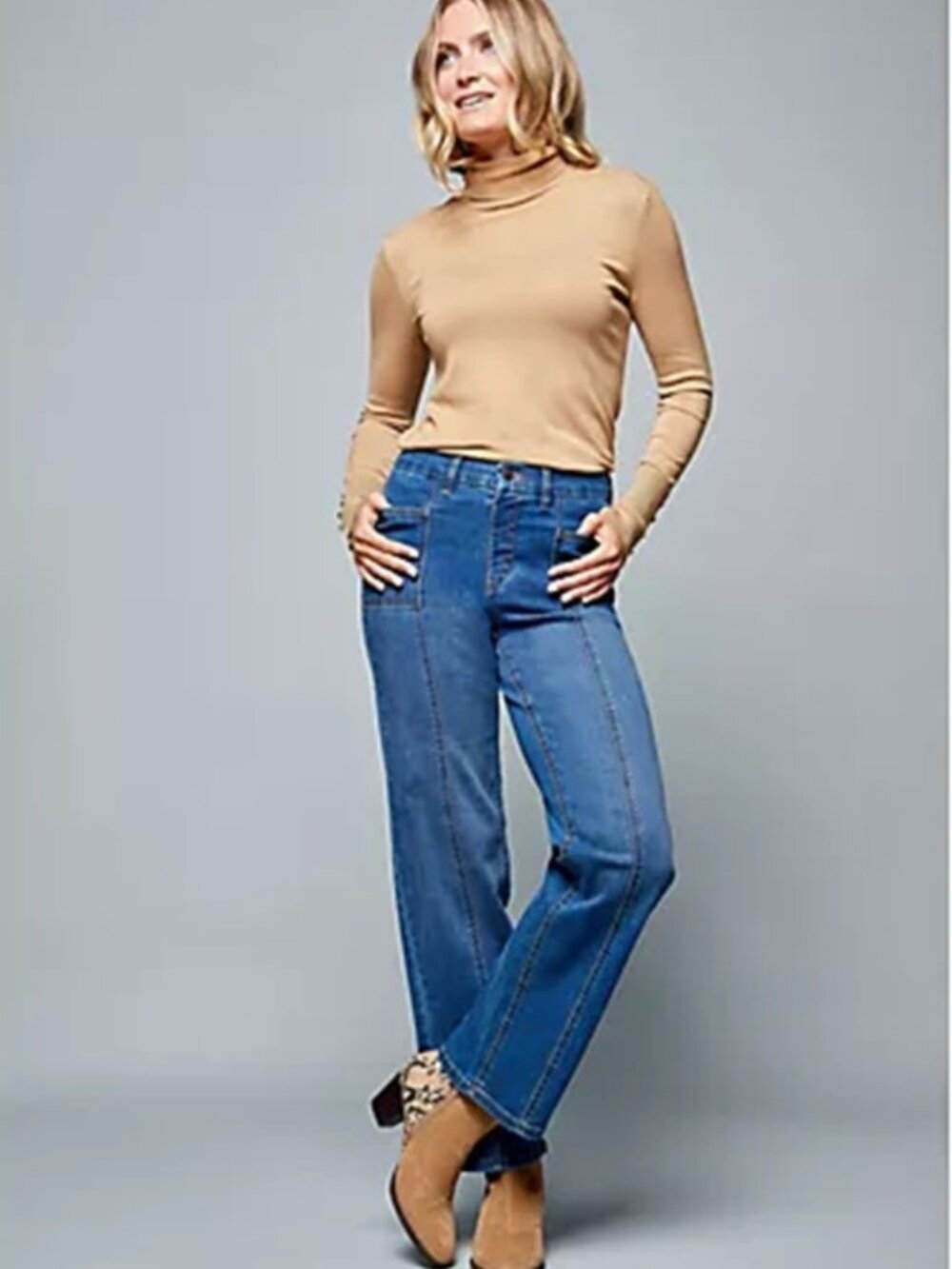 Denim & Co. Easy Stretch Wide Leg Jeans with Seam Details Deep Indigo Tall 14